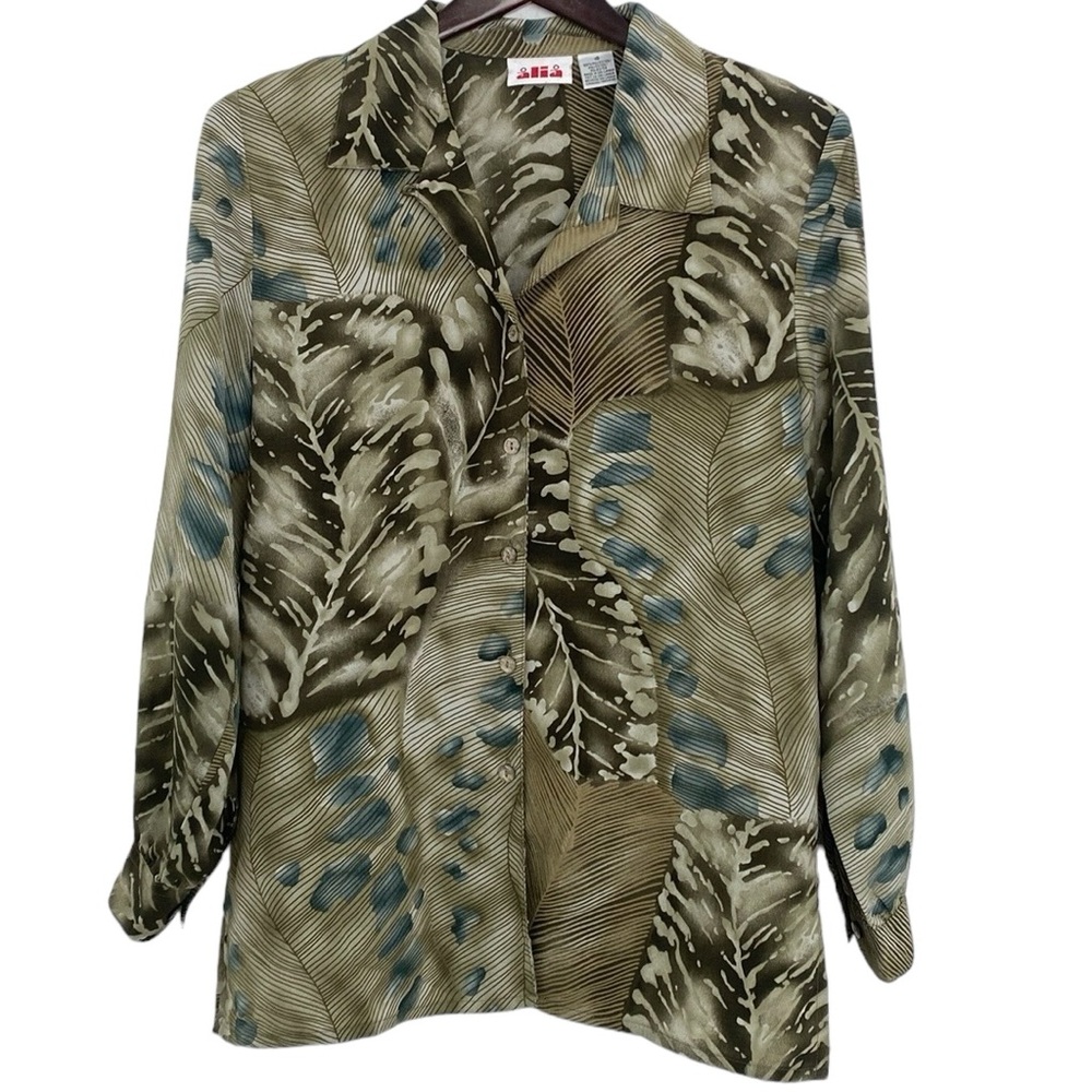 Alia Vintage Olive Green Leaf Floral Long Sleeved Button-down Blouse
